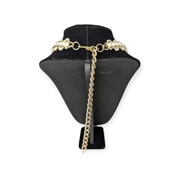 Gold Tone & Faux Pearl Woven Strand Necklace Adjustable Length - Picture 3 of 7